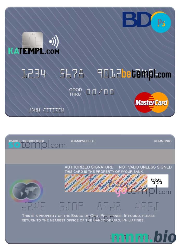 Philippines Banco de Oro mastercard, w pełni edytowalne template in PSD format
